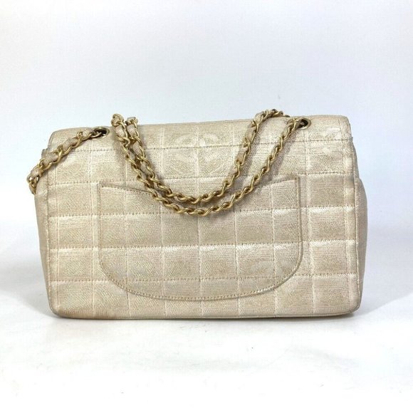 CHANEL CC Mark CC Chocolate bar Double Chain Crossbody Shoulder Bag Canvas Beige - Picture 2 of 16